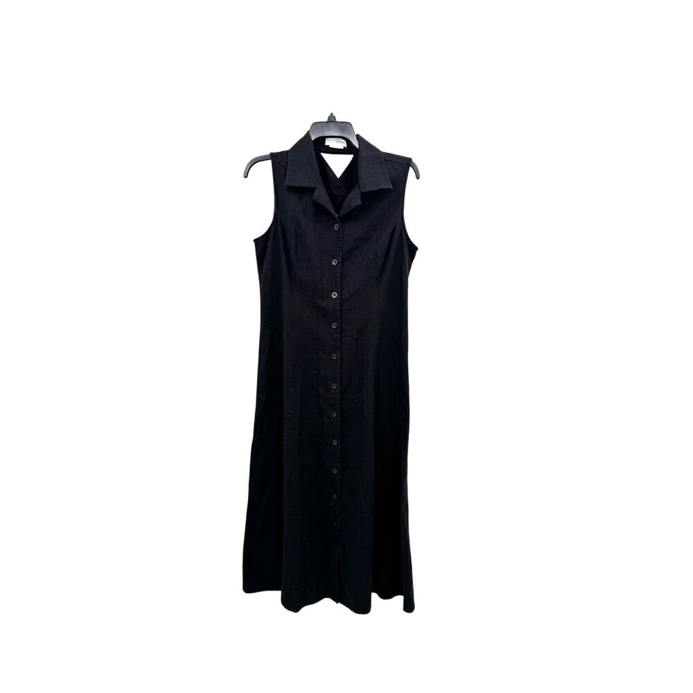 White Stag Linen Blend Black Collared Button-Up Maxi Dress Vintage Womens 8-10